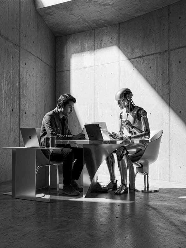 Un homme et un robot humanoïde assis face à face à un bureau
