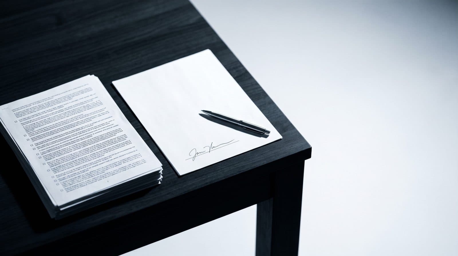 Sur une table sombre, une épaisse liasse de consignes à cocher à côté d'une seule feuille signée, un stylo posé dessus.